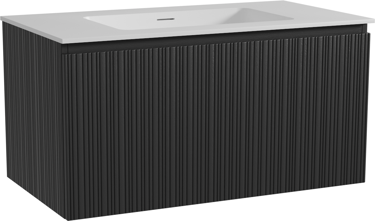 Storke Ribs meuble salle de bains suspendu 95 x 52 cm chêne noir avec Mata plan simple en solid surface blanc mat, Nervure droite asymétrique verticale
