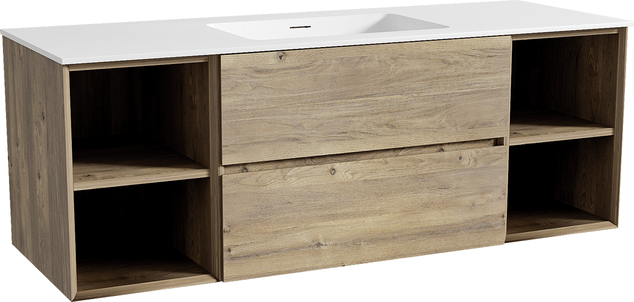 Storke Edge zwevend badkamermeubel 145 x 52 cm ruwe eik met Mata enkele wastafel in solid surface mat wit