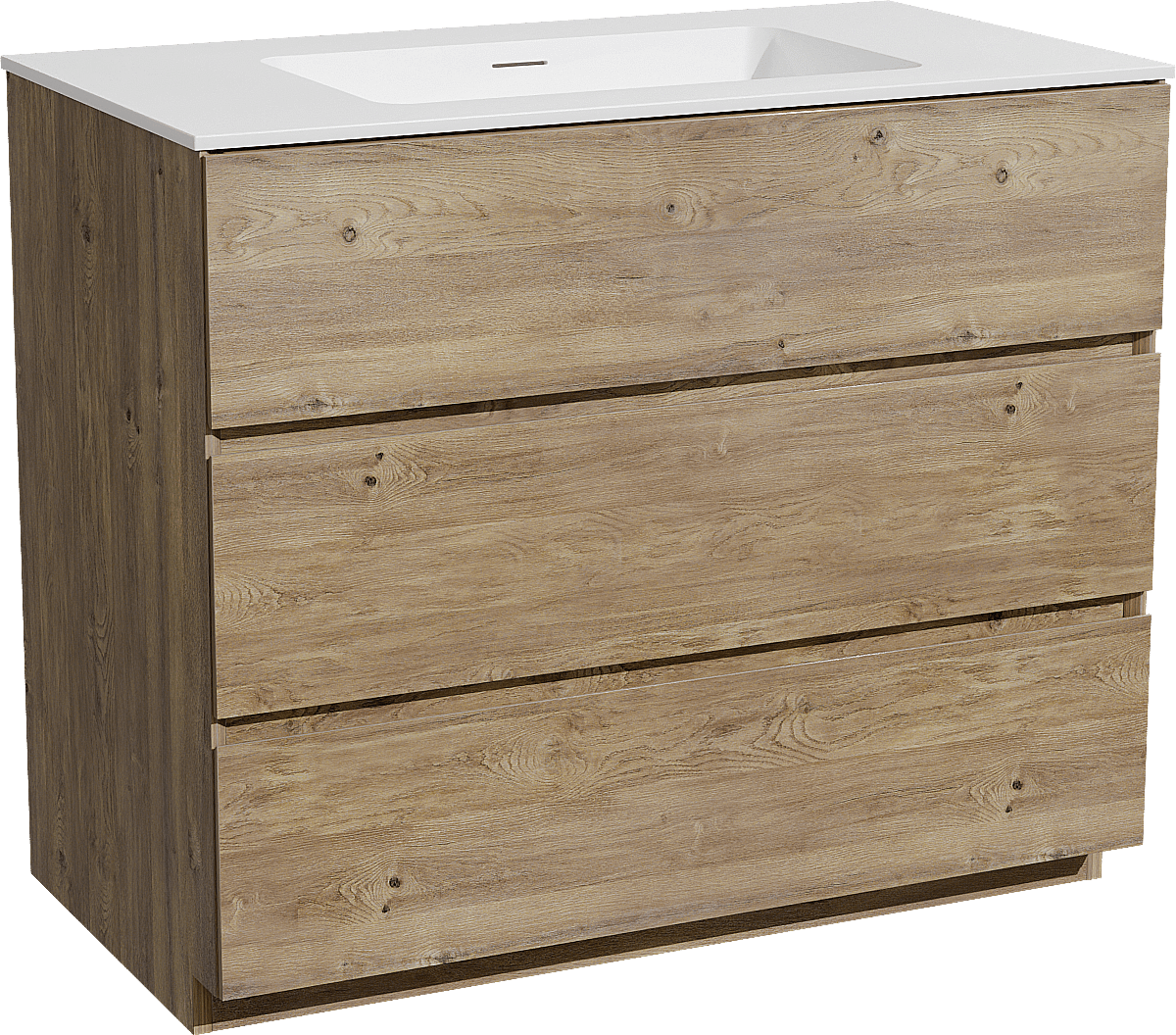 Storke Edge staand badkamermeubel 95 x 52 cm ruwe eik met Mata enkele wastafel in solid surface mat wit