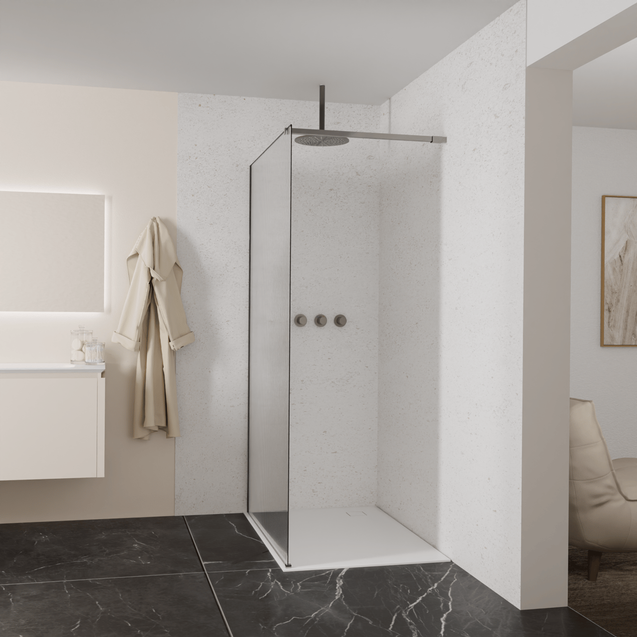 Balmani Modular Walk-In Dusche: 120 x 200 cm, Ribs, inklusive Coating, Profil Brushed GunMetal