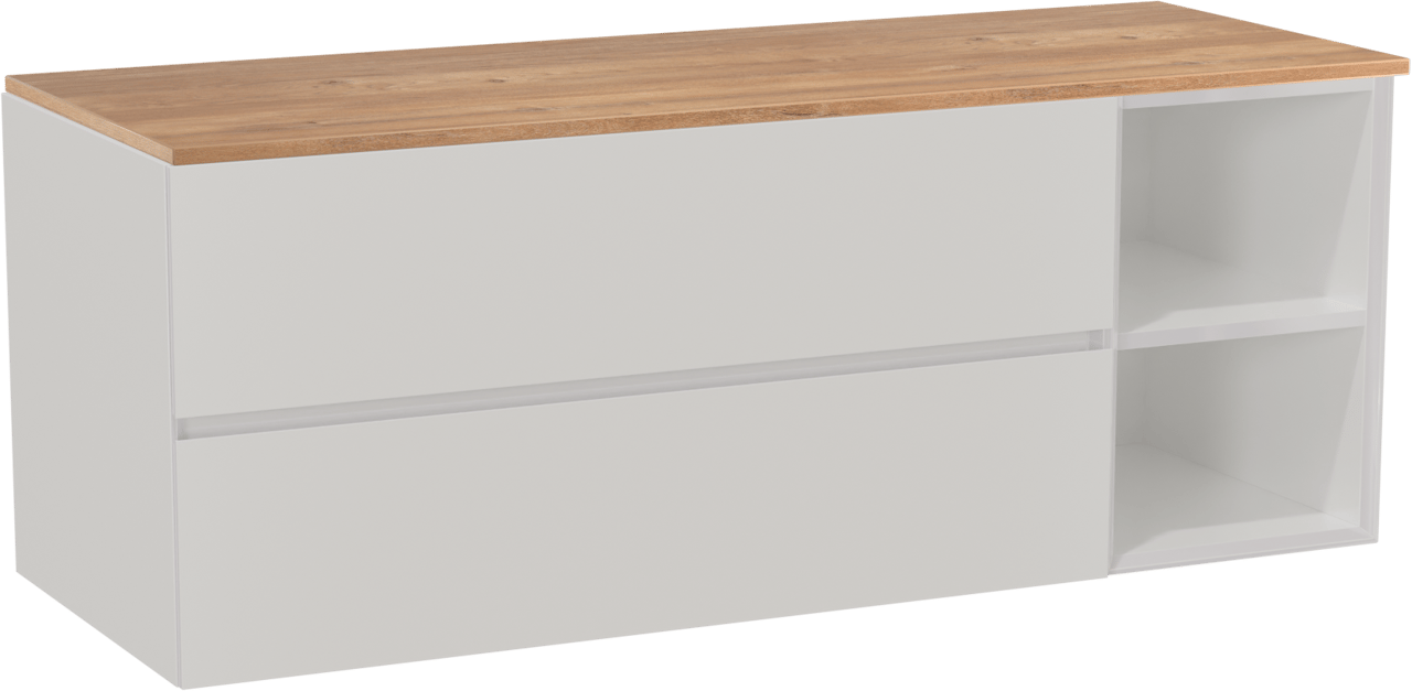 Storke Edge zwevend badkamermeubel 140 x 52 cm glanzend wit met Panton enkel of dubbel tablet in melamine ruwe eik