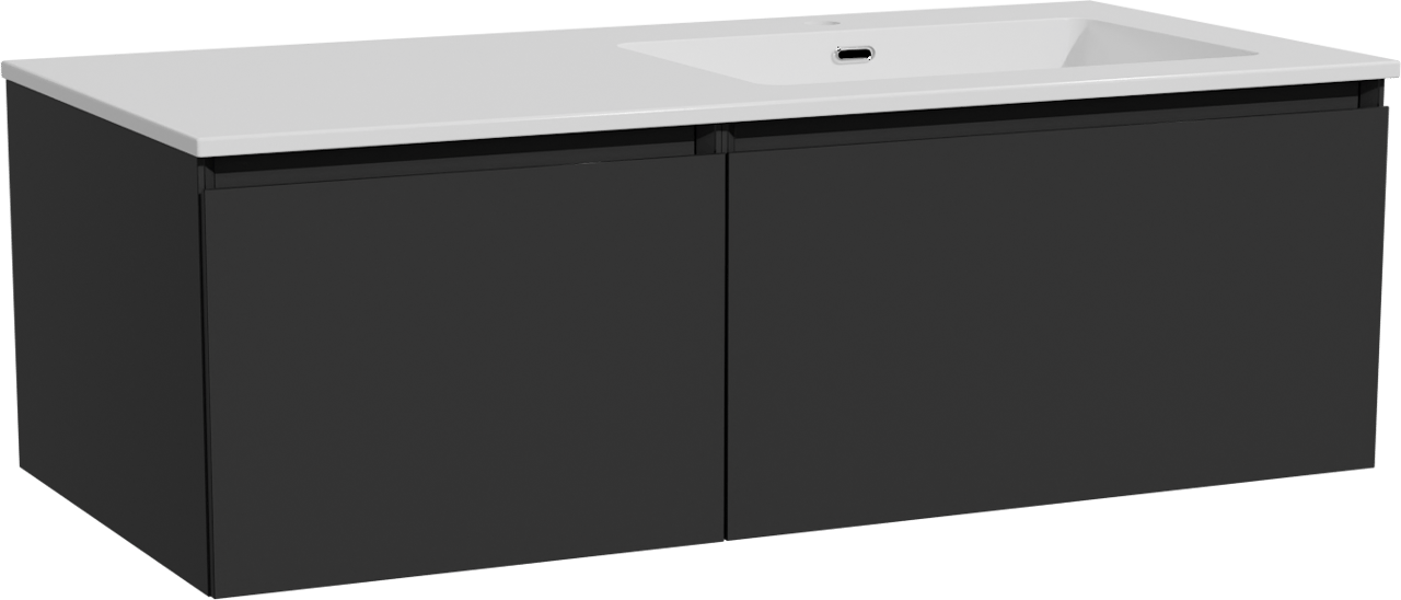 Storke Edge hängendes Möbelstück Set: 110 x 52 cm, Schwarz matt, mit Diva Waschtisch rechts, Marmorkomposit Weiß glänzend