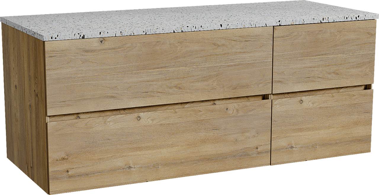 Storke Edge zwevend badmeubel 130 x 52 cm ruw eiken met Tavola enkel of dubbel wastafelblad in mat wit/zwart terrazzo