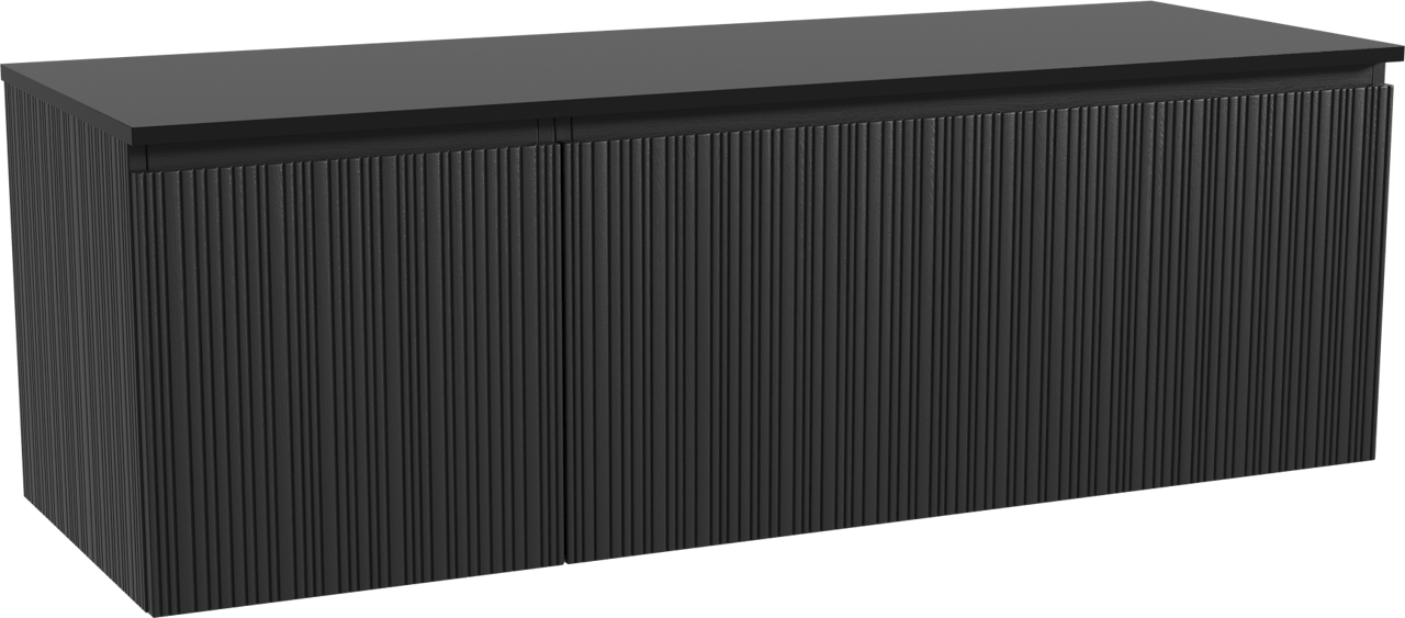 Storke Ribs zwevend badmeubel 150 x 52 cm zwart eiken met Panton enkel of dubbel wastafelblad in gepoedercoate mdf mat zwart, Verticale asymmetrische rechte ribbel