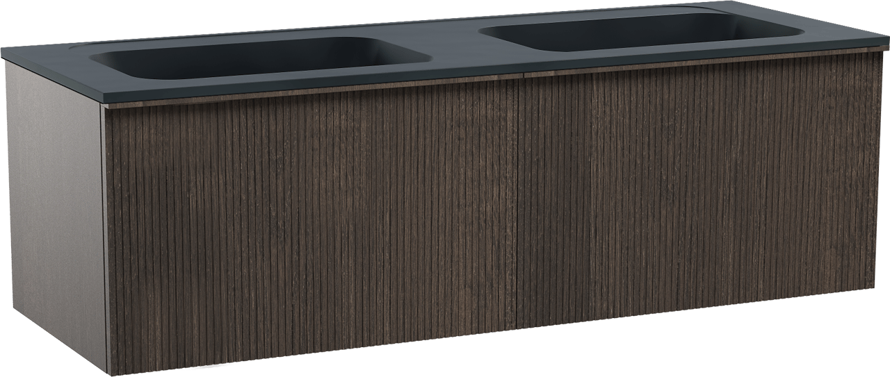Balmani Forma zwevend badkamermeubel 150 x 55 cm gerookte eik met Tablo Strada dubbele wastafel in composietmarmer mat zwart, Verticale symmetrische rechte ribbel