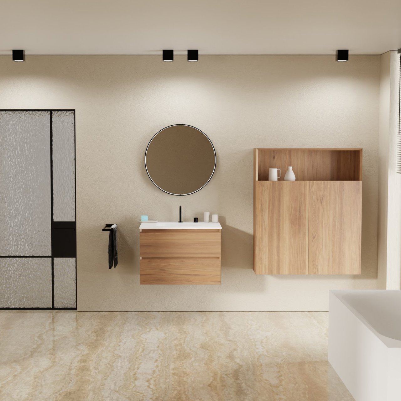 Balmani Mitra zwevend badkamermeubel 75 x 55 cm teak met Tablo Arcato enkele wastafel in solid surface mat wit