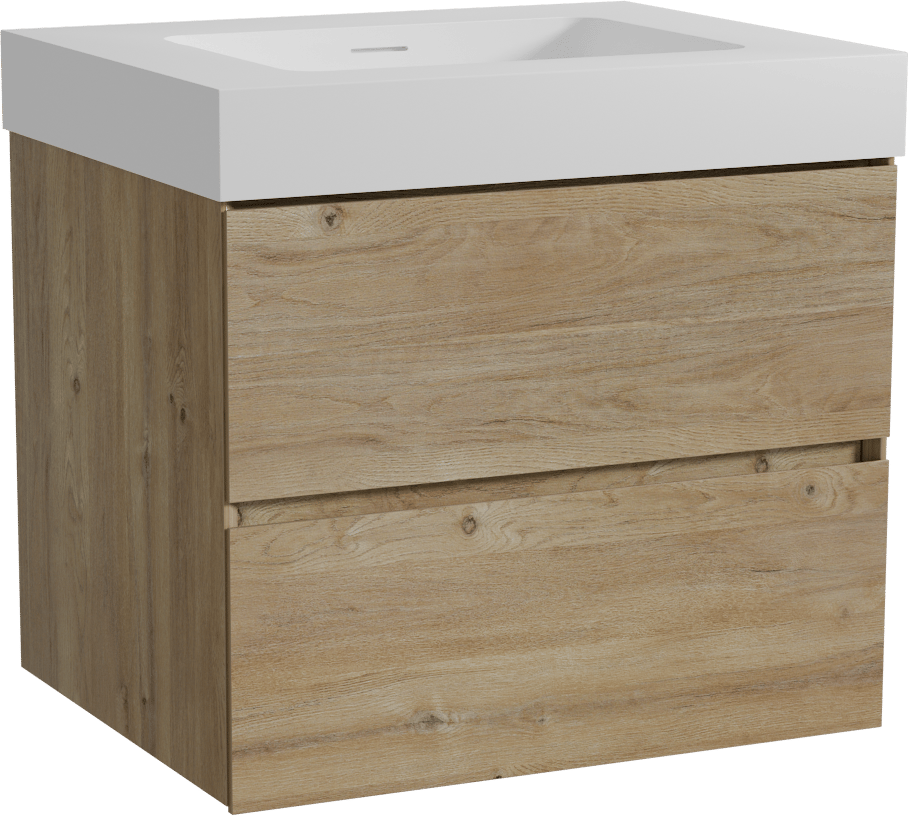 Storke Edge zwevend badmeubel 65 x 52 cm ruw eiken met Mata High enkele wastafel in solid surface mat wit