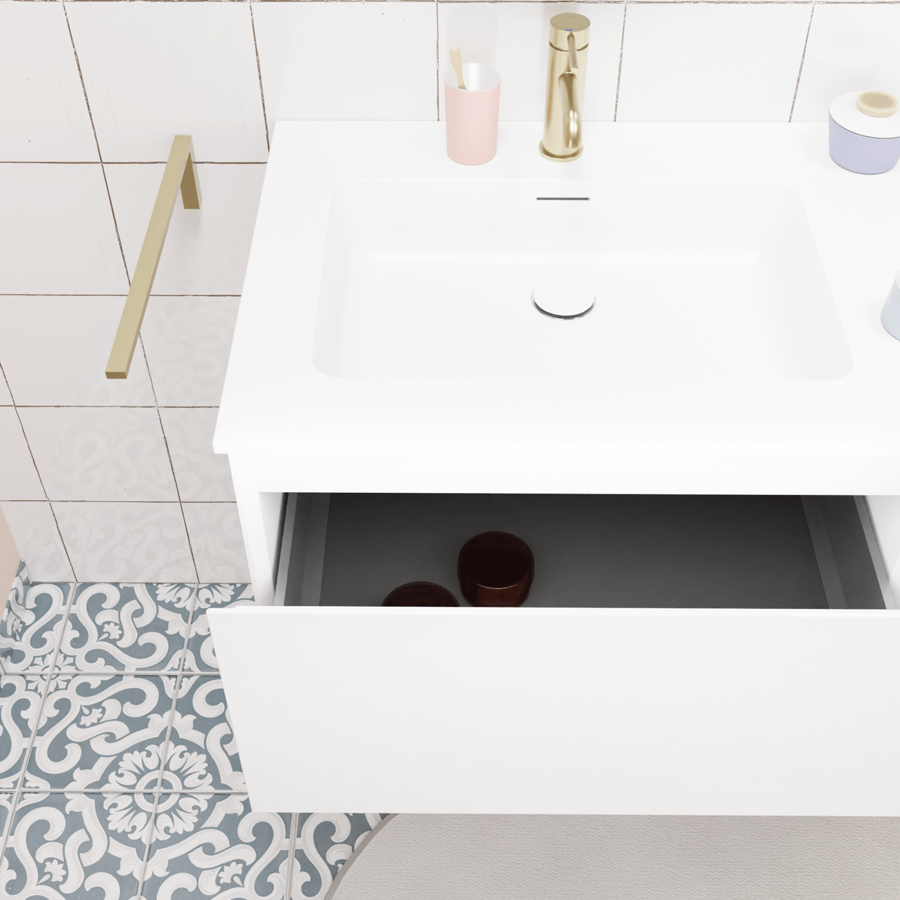 Storke Edge hängendes Möbelstück Set: 155 x 52 cm, Weiß glänzend, mit Mata Einzelwaschtisch, Solid Surface Weiß matt