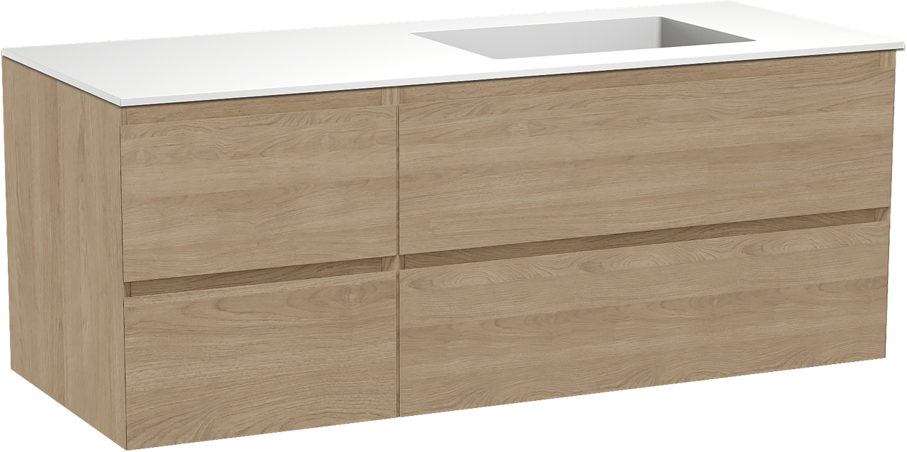 Balmani Mitra meuble salle de bains suspendu 135 x 55 cm chêne naturel avec Tablo Stretto vasque asymétrique droite en solid surface blanc mat