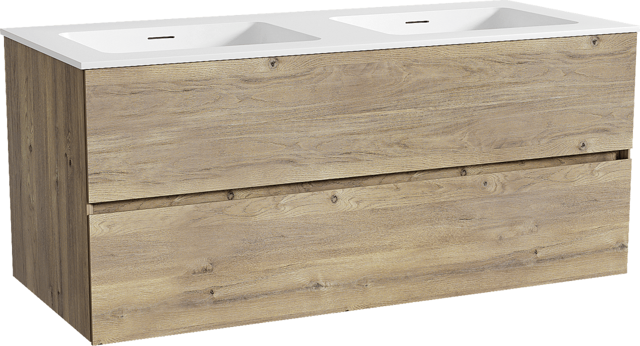 Storke Edge zwevend badkamermeubel 120 x 52 cm ruwe eik met Mata dubbele wastafel in solid surface mat wit