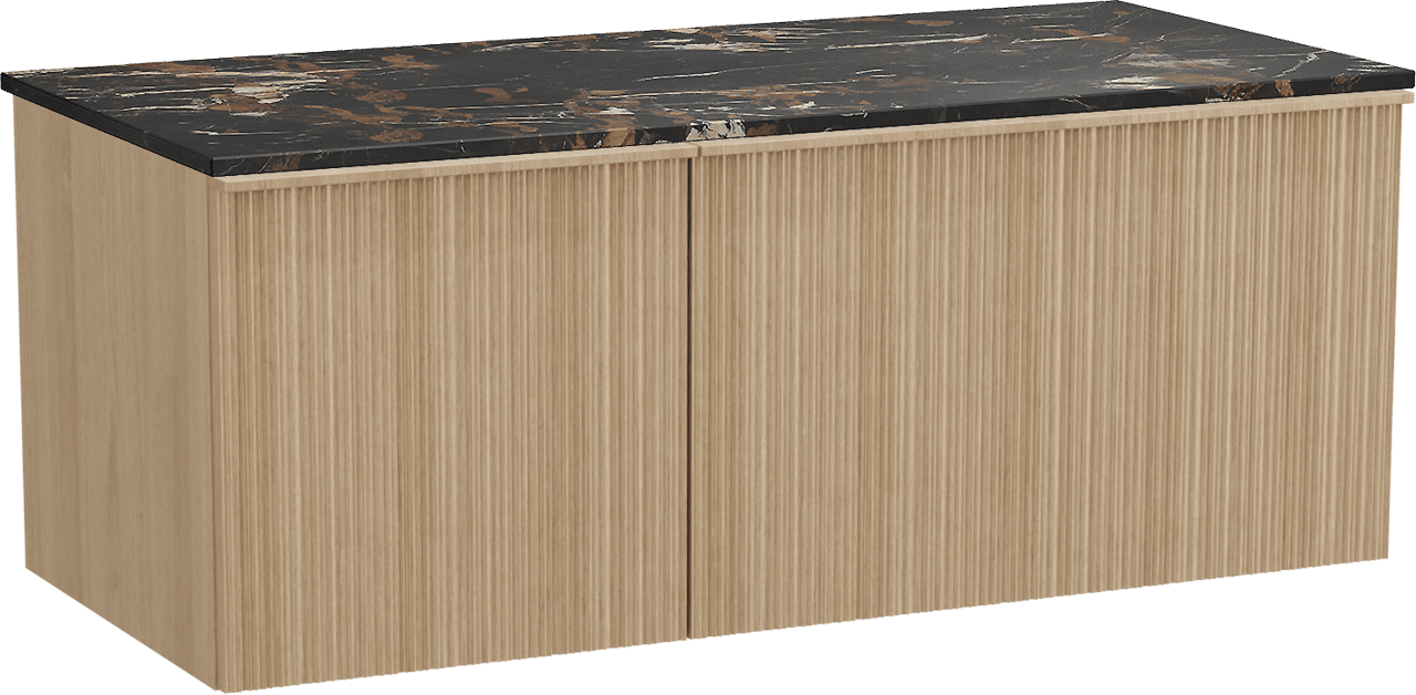 Balmani Forma zwevend badmeubel 120 x 55 cm naturel eiken met Stretto enkel wastafelblad in marmer portoro gold, Verticale asymmetrische ronde ribbel