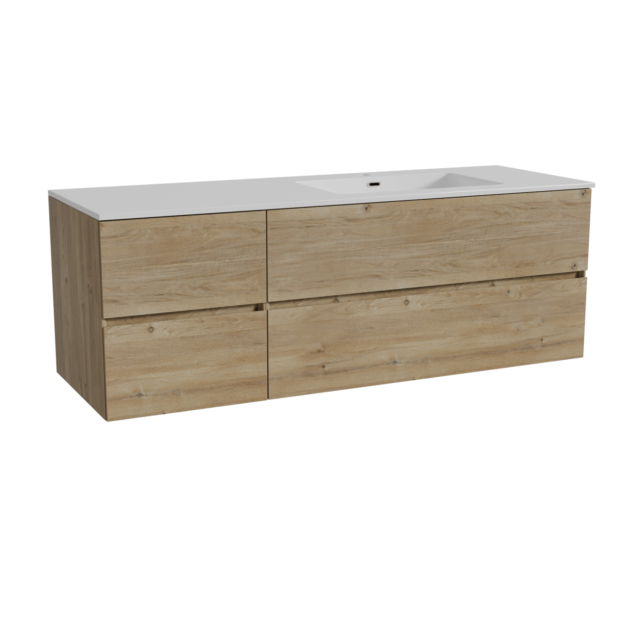 Storke Edge meuble salle de bains suspendu 150 x 52 cm chêne brut avec Diva plan vasque asymétrique à droite en marbre composite blanc brillant