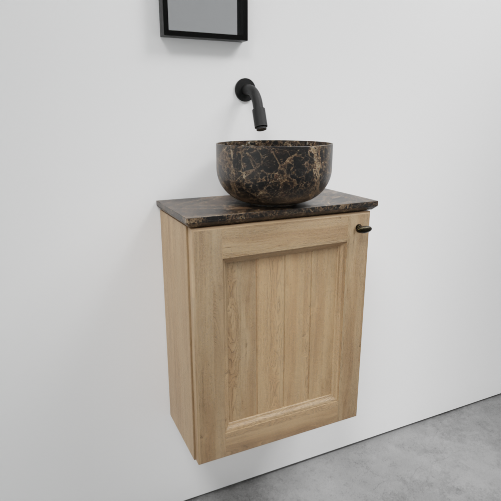 Balmani Lemon meuble wc suspendu 42 x 21 cm chêne vieilli avec Facetta tablette et Bowl vaque à poser en marbre Dark Emperador