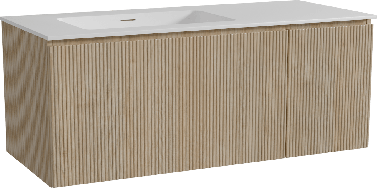 Storke Ribs hängendes Möbelstück Set: 120 x 52 cm, Rohe Eiche, mit Mata Waschtisch links, Solid Surface, Weiß matt, Vertikale symmetrische gerade Rippe