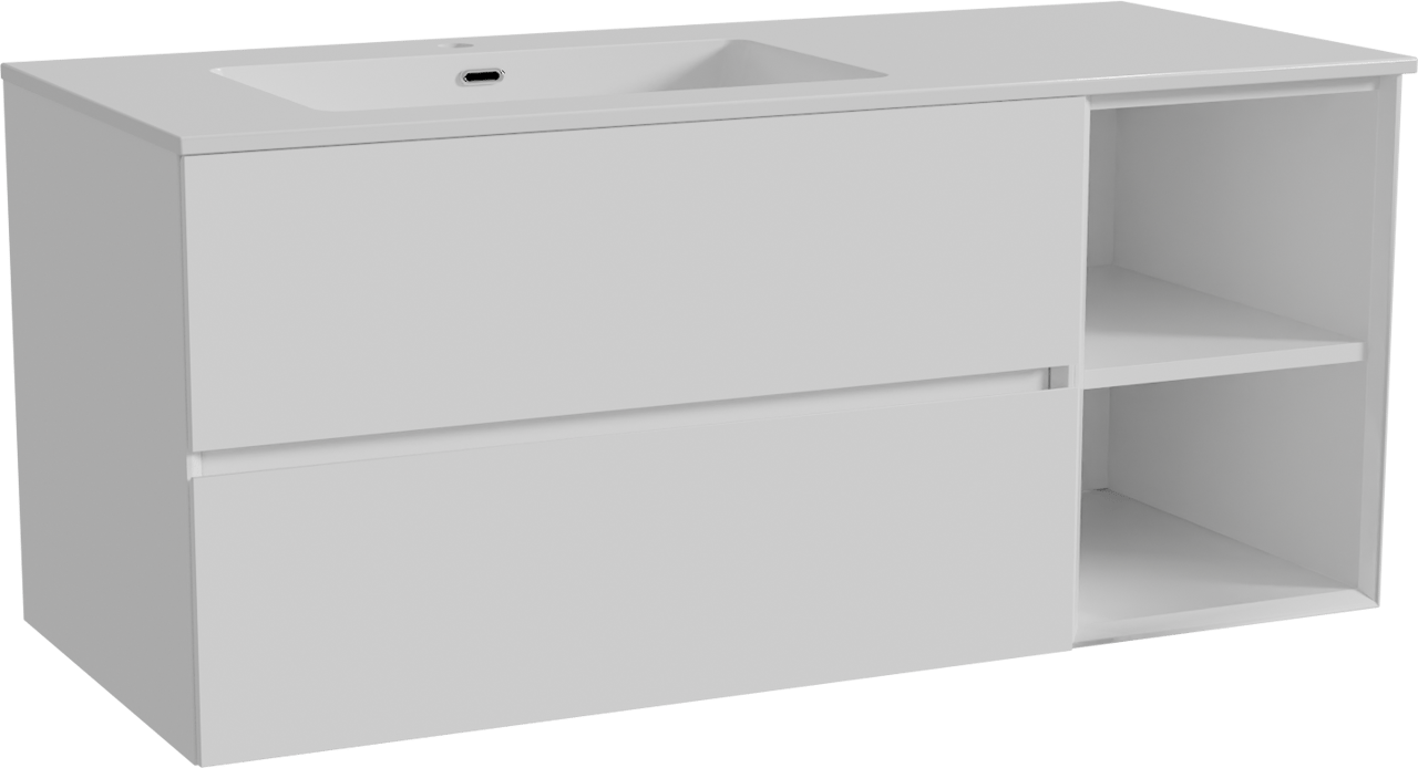 Storke Edge meuble salle de bains suspendu 120 x 52 cm blanc brillant avec Diva plan vasque asymétrique à gauche en marbre composite blanc brillant