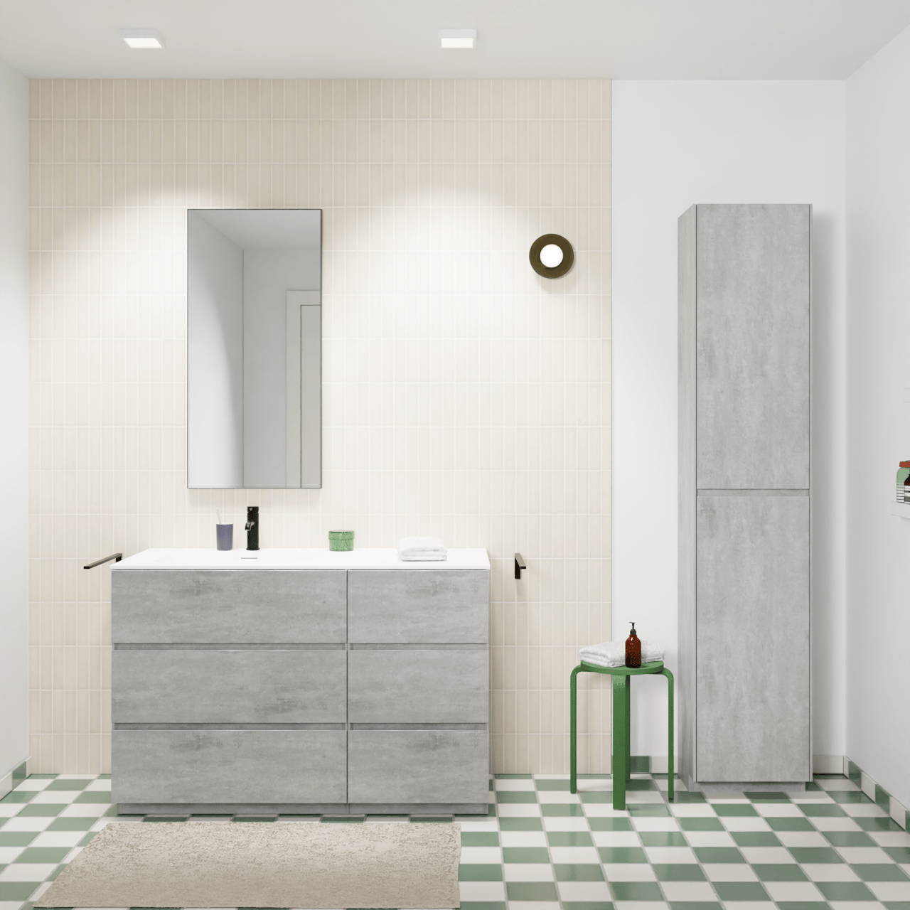 Storke Edge staand badkamermeubel 120 x 52 cm beton donkergrijs met Mata asymmetrisch linkse wastafel in solid surface mat wit