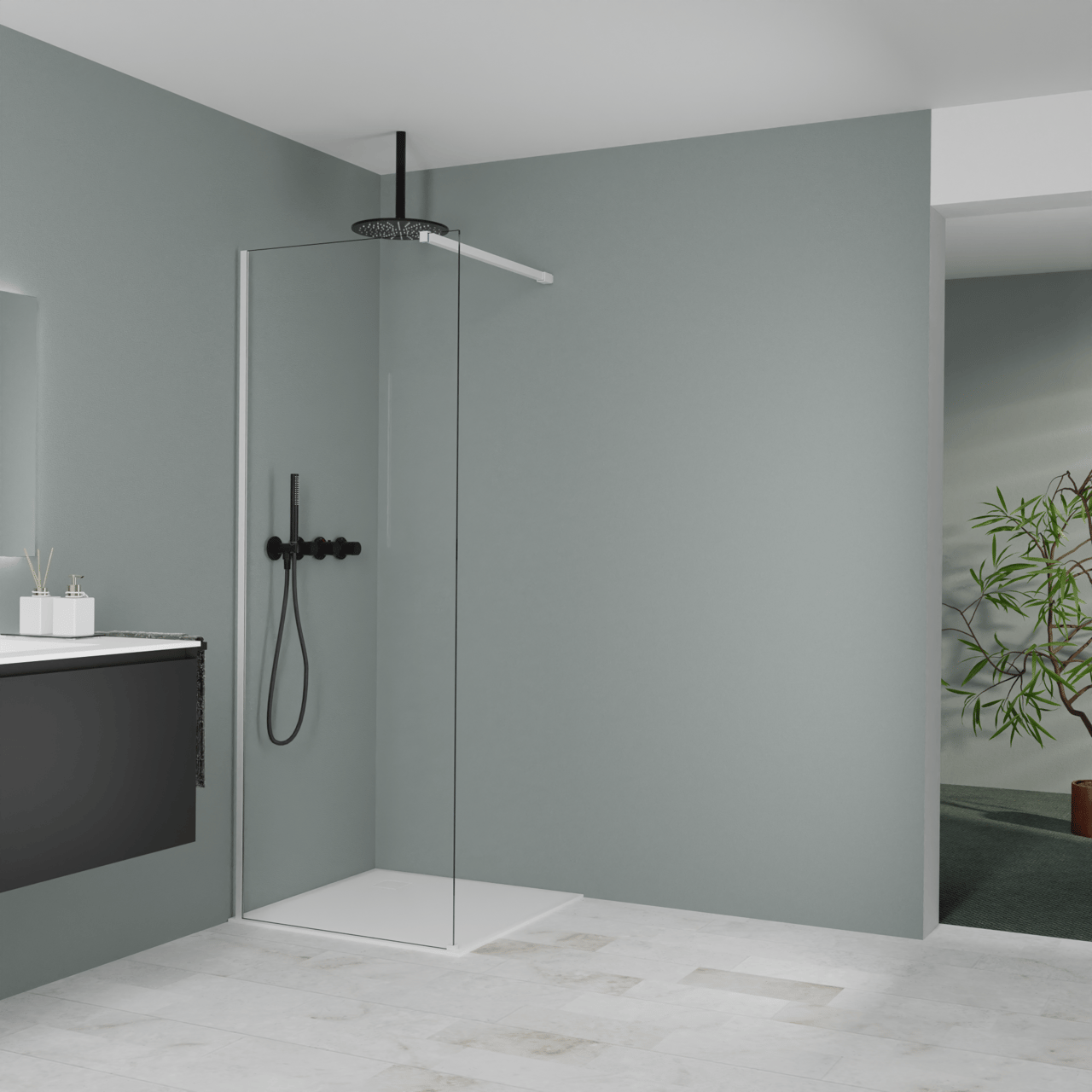 Balmani Modular inloopdouche: 80 x 200 cm, Helder glas met coating, Mat witte profielen