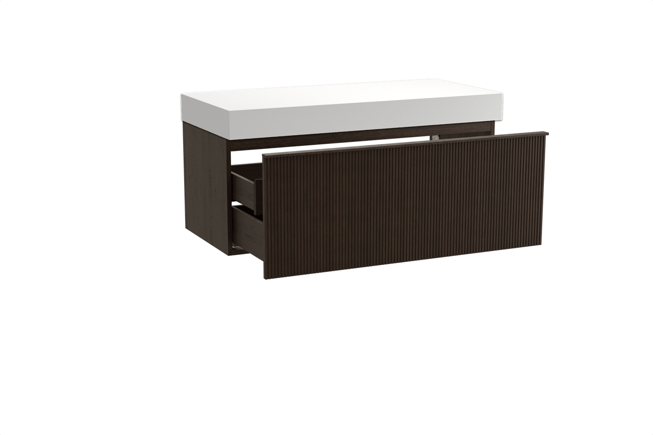 Balmani Forma zwevend badkamermeubel 120 x 55 cm gerookte eik met Dominus enkel of dubbel tablet in solid surface mat wit, Verticale symmetrische rechte ribbel