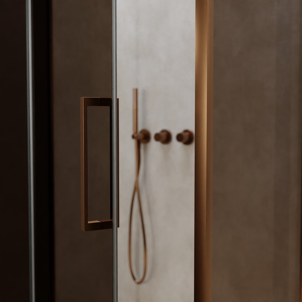 Balmani Senses Design douche en coin avec porte pivotante à gauche et paroi latérale fixe, 100 x 100 cm, Bronze, Profil Brushed Rosegold, coating inclus, coating inclus