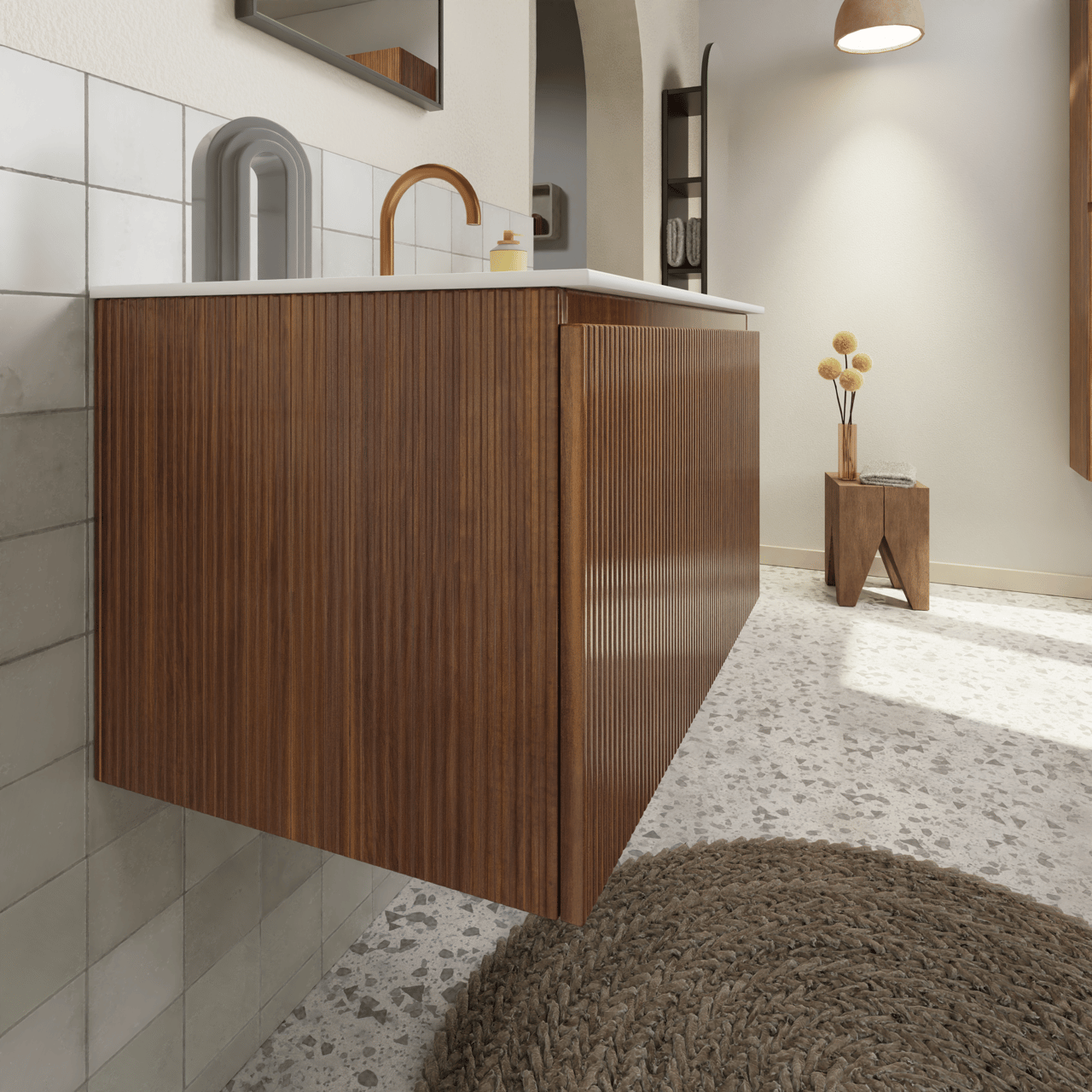 Storke Ribs zwevende wastafelonderkast 85 x 52 cm notelaar 2 lades