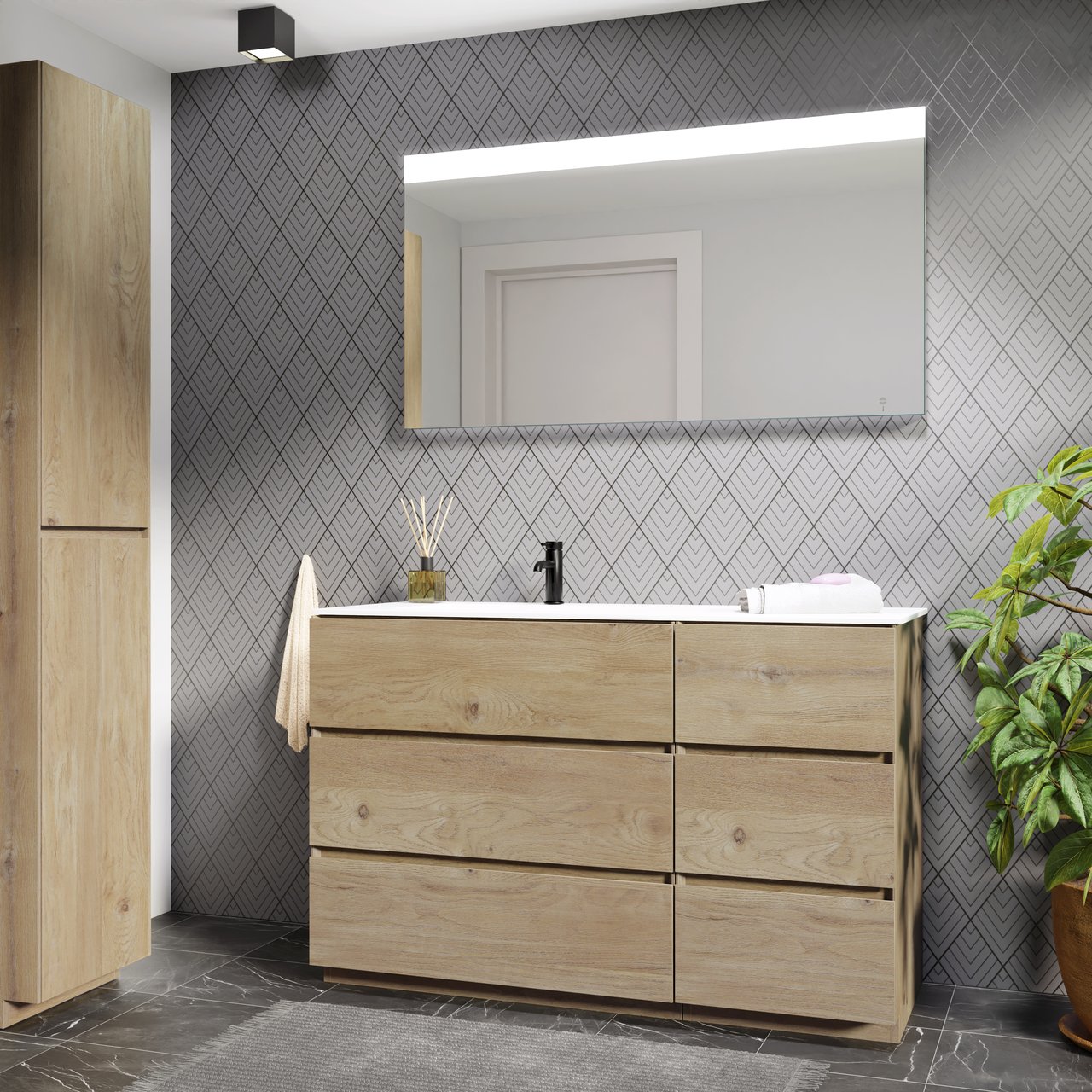 Storke Edge staand badkamermeubel 130 x 52 cm ruwe eik met Mata asymmetrisch linkse wastafel in solid surface mat wit