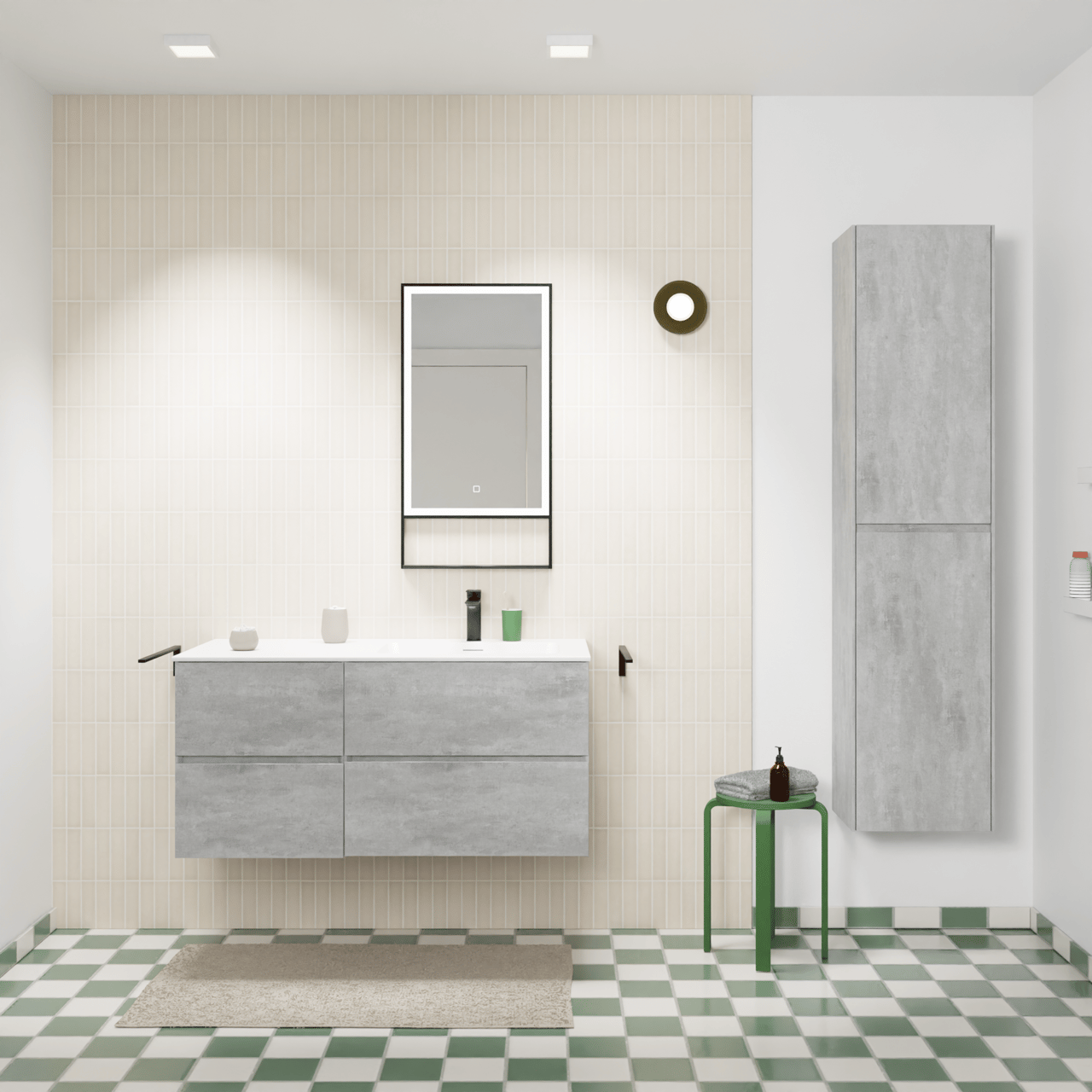Storke Edge meuble salle de bains suspendu 110 x 52 cm béton gris foncé avec Mata plan vasque asymétrique à droite en solid surface blanc mat