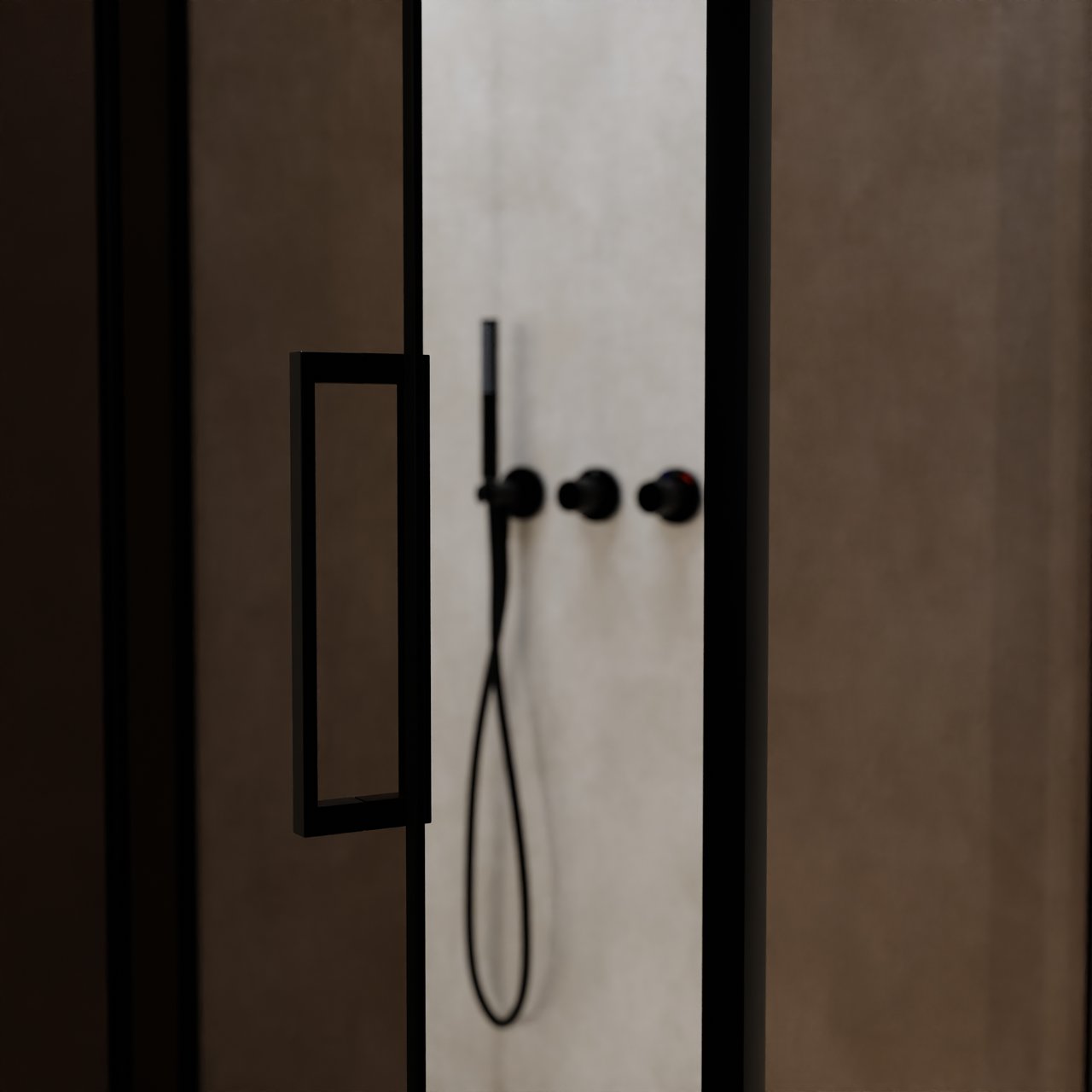 Balmani Senses Design douche en coin avec porte pivotante à gauche et paroi latérale fixe, 100 x 100 cm, Bronze, Profil noir, coating inclus