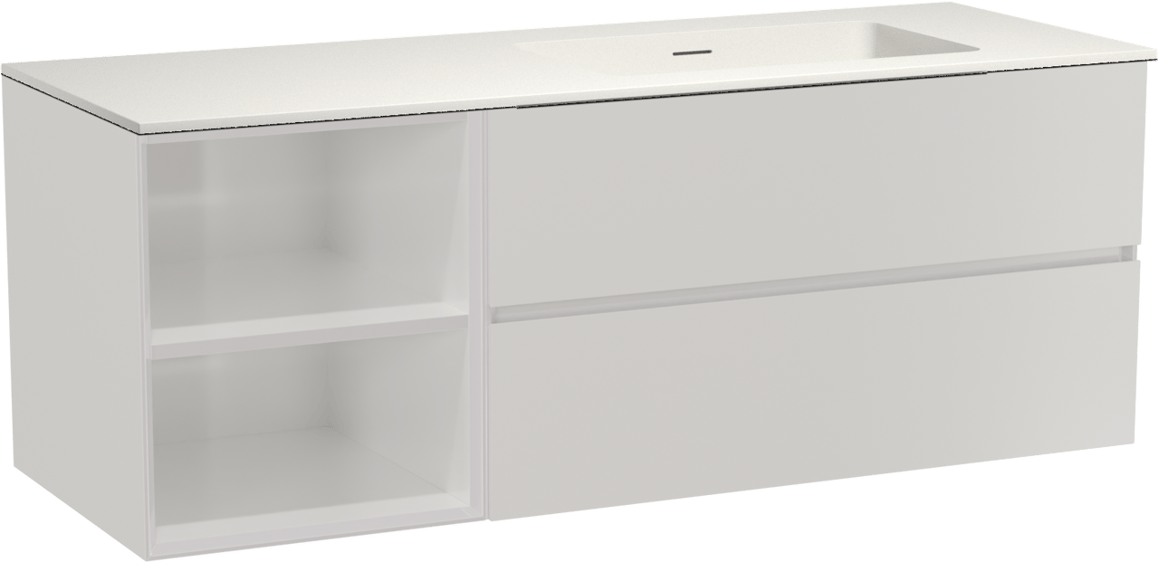 Storke Edge zwevend badkamermeubel 140 x 52 cm glanzend wit met Mata asymmetrisch rechtse wastafel in solid surface mat wit