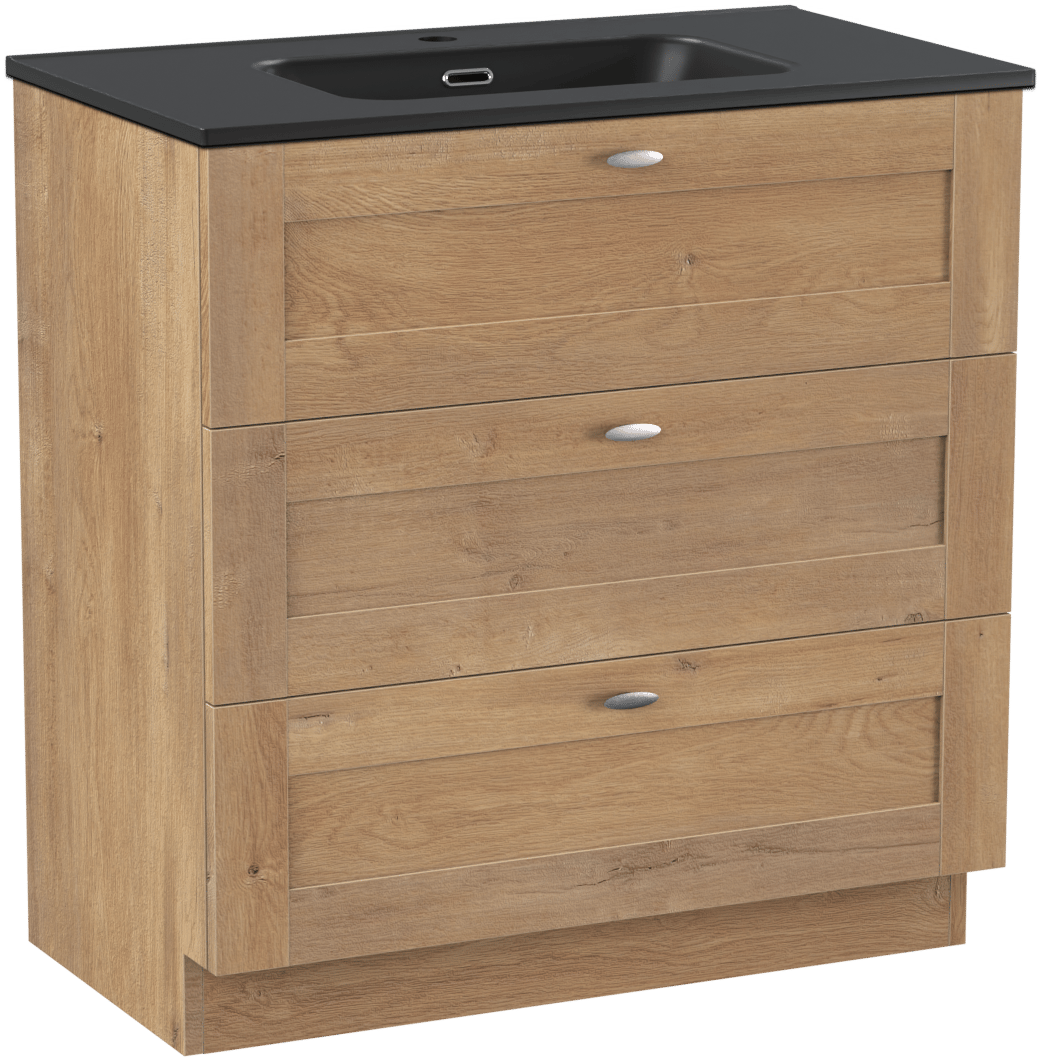 Linie Classo staand badkamermeubel 80 x 46 cm natuur eik met Baro enkele wastafel in porselein mat zwart