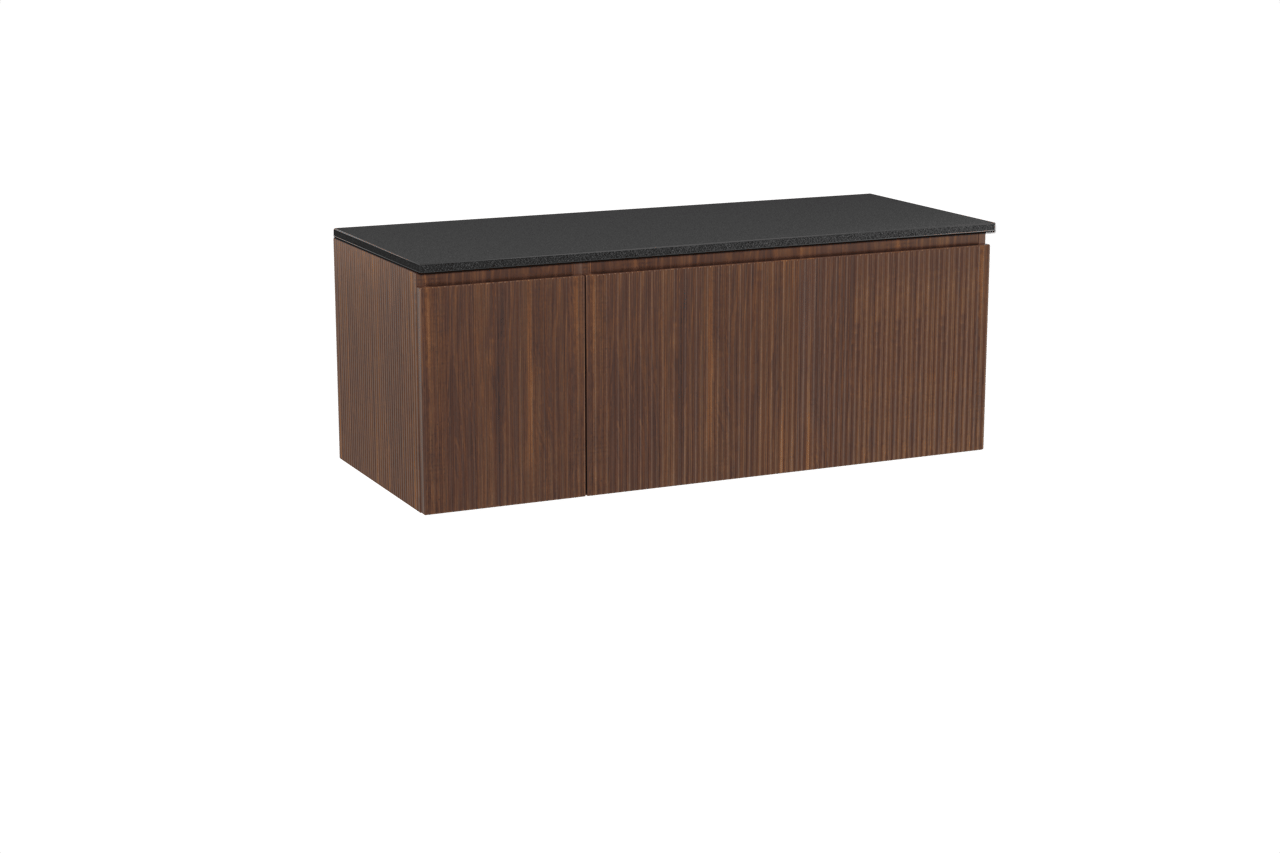 Storke Ribs zwevend badmeubel 130 x 52 cm notenhout met Panton enkel of dubbel wastafelblad in gepoedercoate mdf mat zwart, Verticale symmetrische rechte ribbel