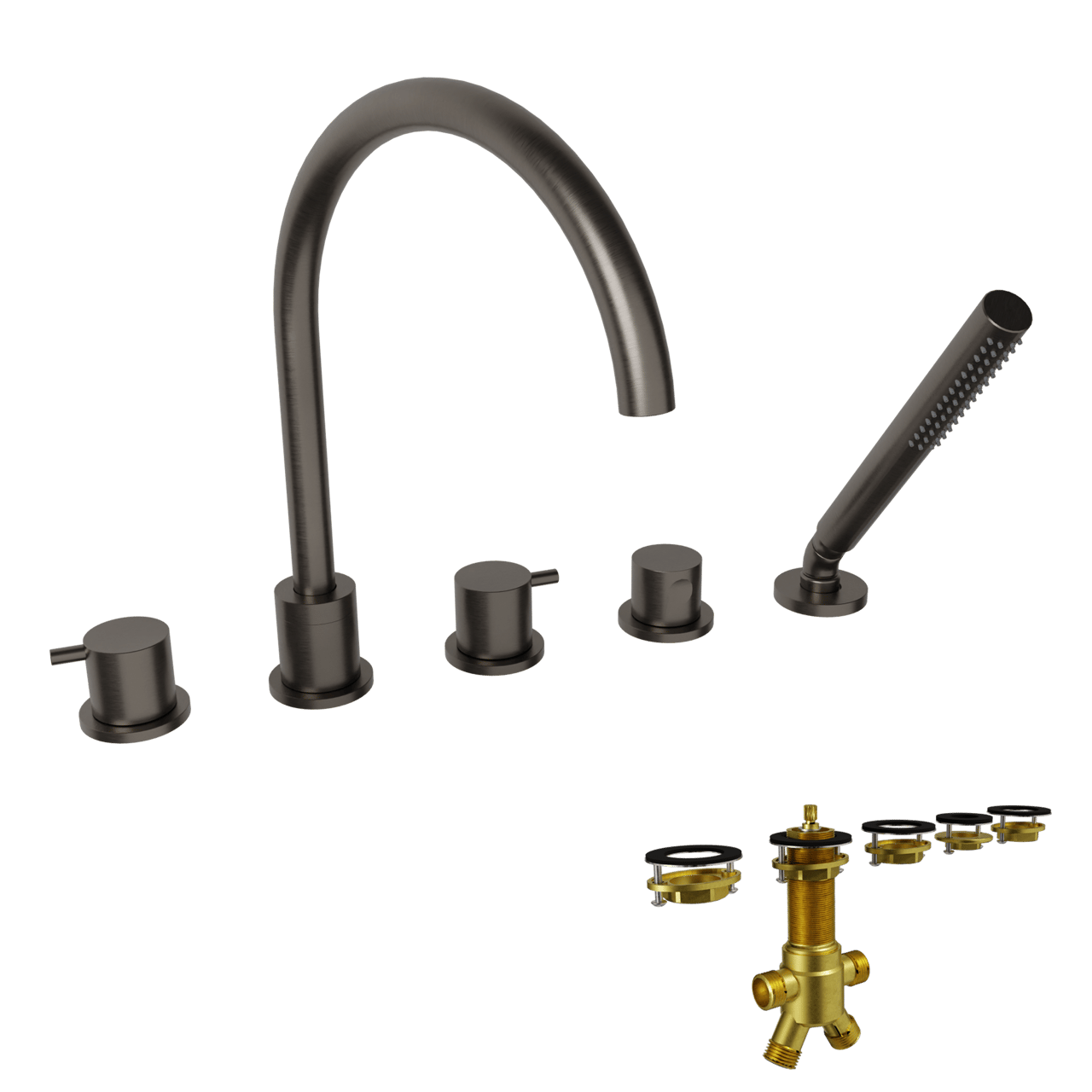Blaufoss Round 5 trous Robinet de baignoire sur gorge Brushed GunMetal set douchette incl.