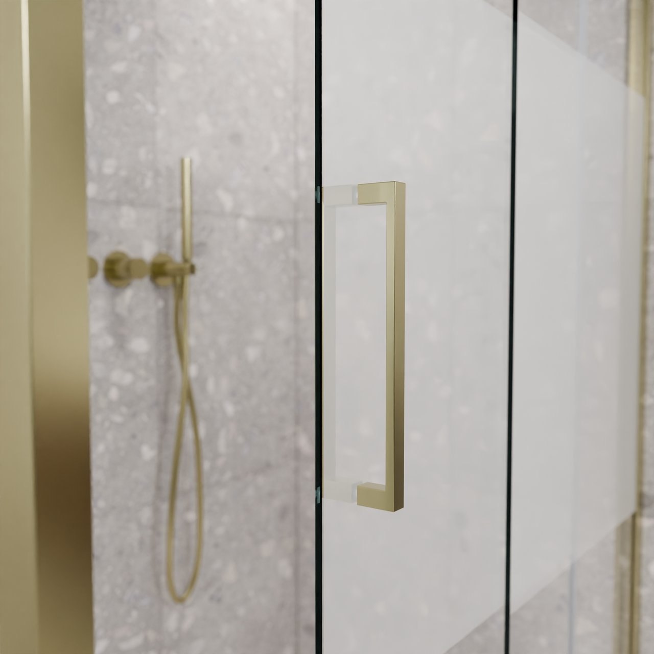 Balmani Senses Design Eckdusche: Schiebetür (Rechts) mit fixierte Seitenwand, 140 x 90 cm, Klarglas mit mattiertem Streifen, Profil Brushed Champagne Gold