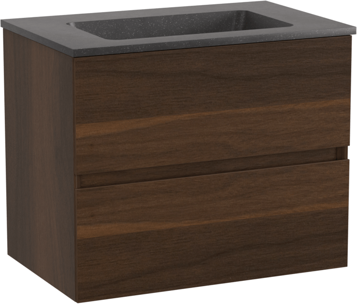Storke Edge zwevend badmeubel 60 x 40 cm notenhout met Scuro enkele wastafel in kwarts mat zwart