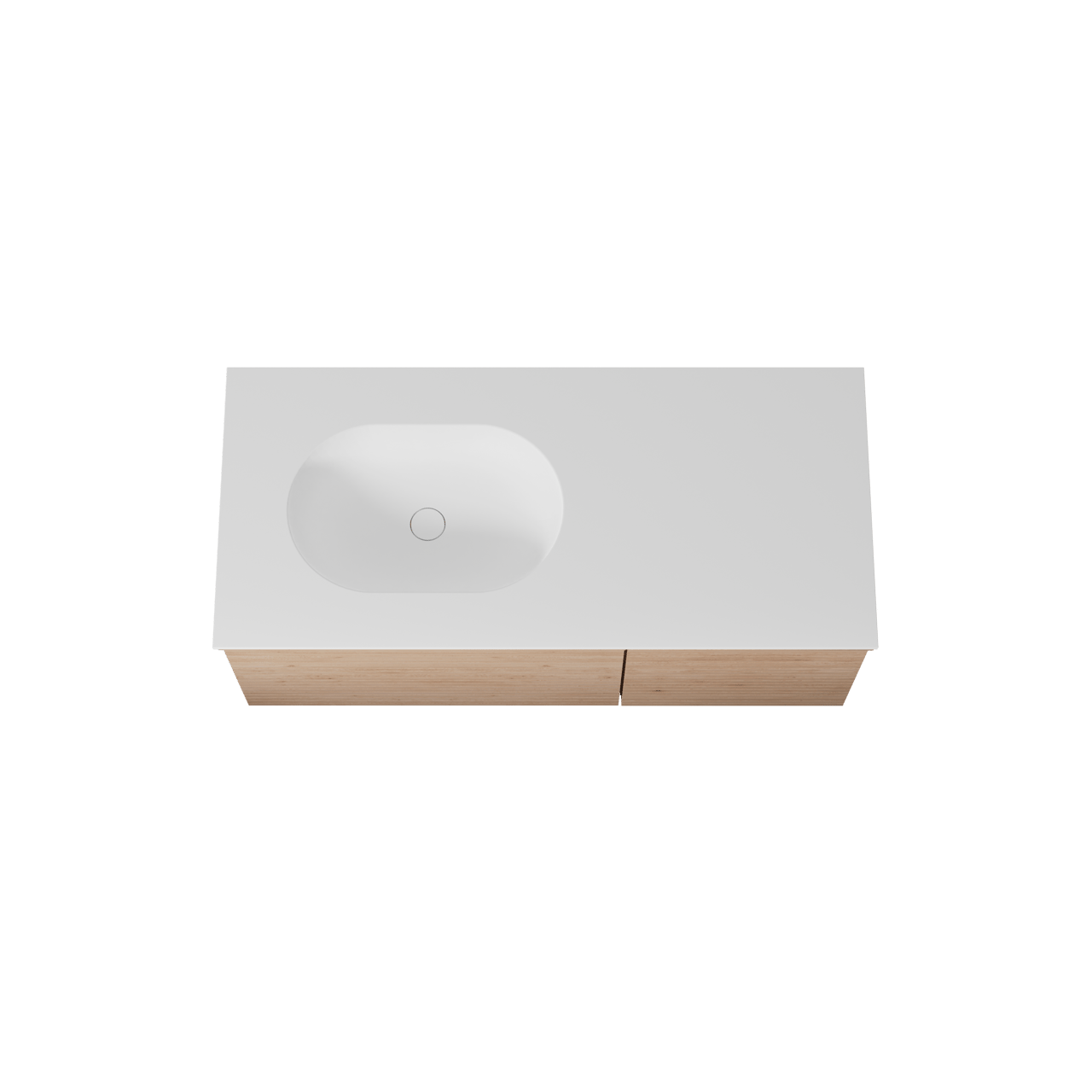 Balmani Forma hängendes Möbelstück Set: 120 x 55 cm, Naturbelassene Eiche, mit Tablo Oval Waschtisch links, Solid Surface, Weiß matt, Horizontale symmetrische gerade Rippe