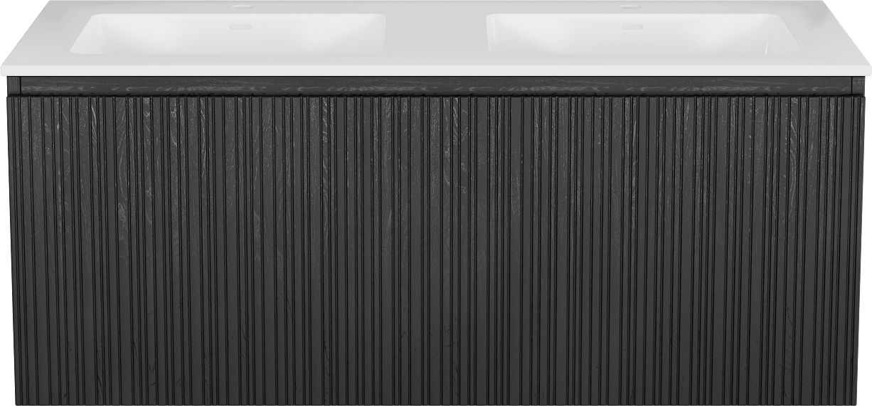 Storke Ribs meuble salle de bains suspendu 120 x 52 cm chêne noir avec Bilia double vasque en marbre composite blanc brillant, Nervure droite asymétrique verticale
