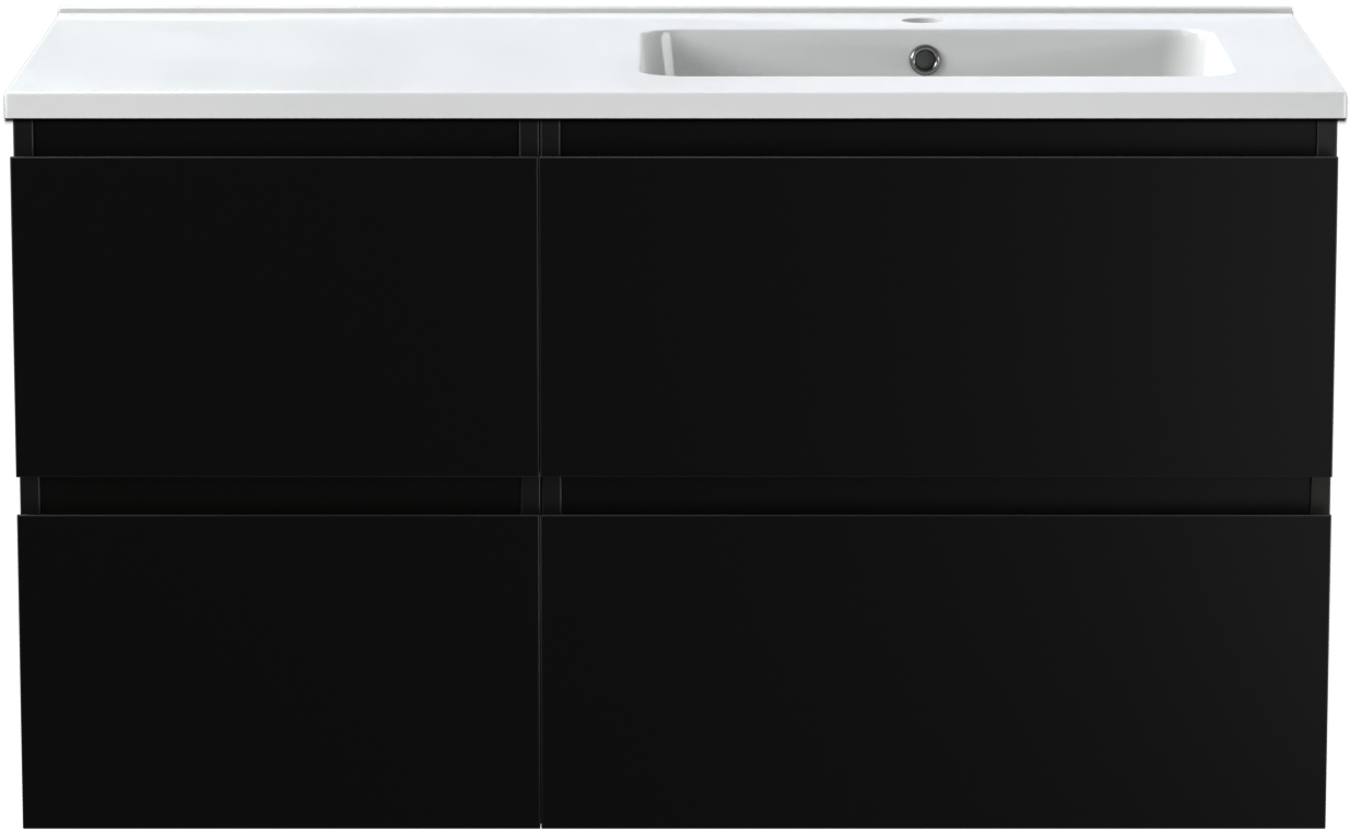 Linie Lado meuble salle de bains suspendu 100 x 46 cm noir mat avec Vano vasque asymétrique droite en marbre composite blanc brillant