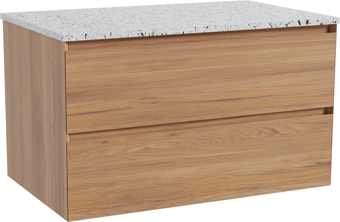 Balmani Mitra zwevend badkamermeubel 90 x 55 cm teak met Stretto enkel tablet in mat wit/zwart terrazzo