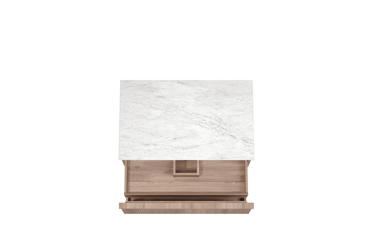 Balmani Forma hängendes Möbelstück Set: 90 x 55 cm, Teak, mit Stretto Einzel Waschtischplatte, Marmor, Carrara, Vertikale symmetrische gerade Rippe