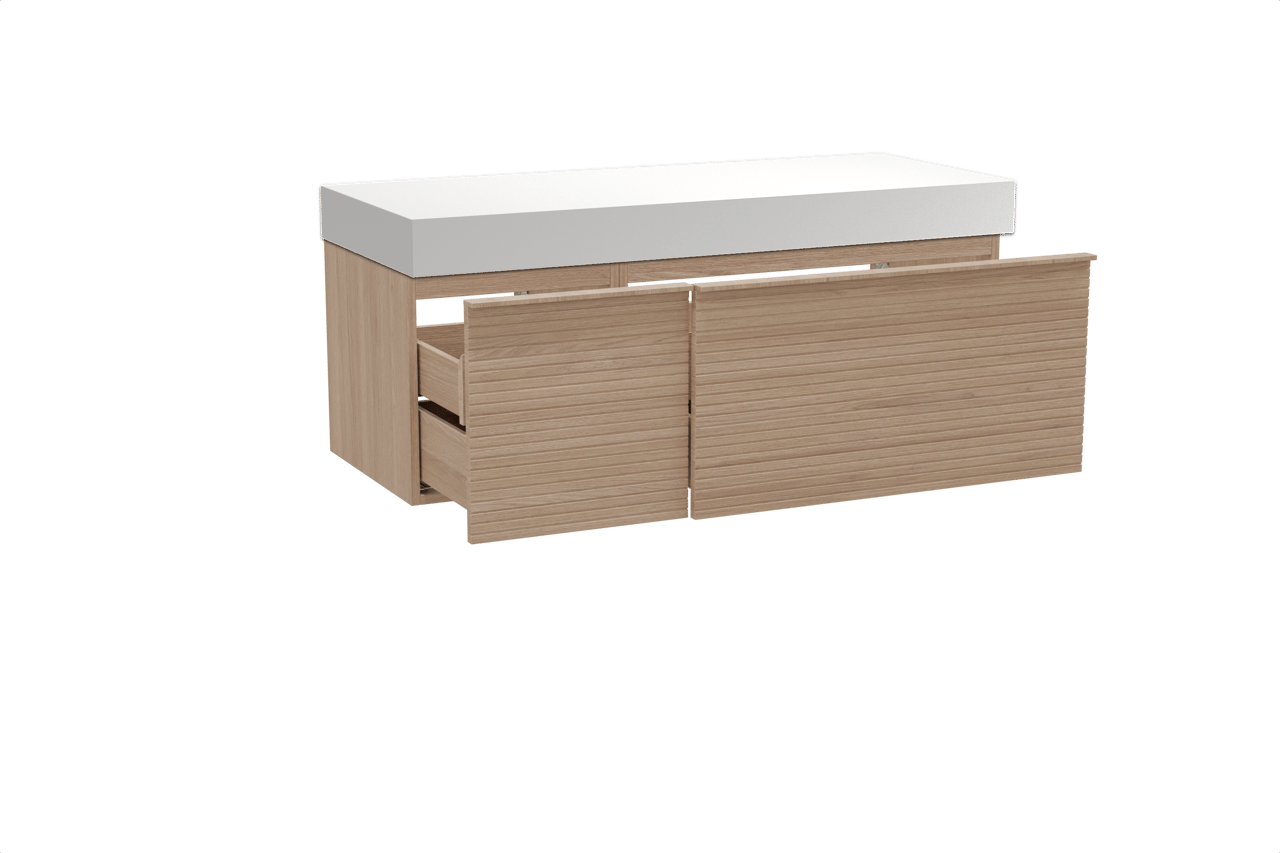 Balmani Forma zwevend badmeubel 135 x 55 cm naturel eiken met Dominus enkel of dubbel wastafelblad in solid surface mat wit, Horizontale symmetrische rechte ribbel