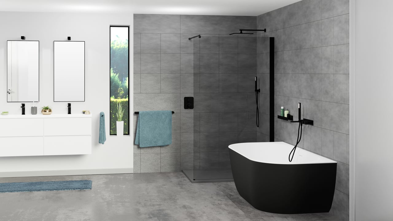 Luca Varess Otello 2-Personen halb freistehende Badewanne: 170 x 80 cm, Acryl, Schwarz Matt
