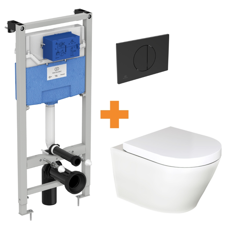 Luca Varess Calibro WC suspendu blanc mat sans bride avec bâti-support et Ideal Standard Oleas M5 noir mat plaque de commande gratuit