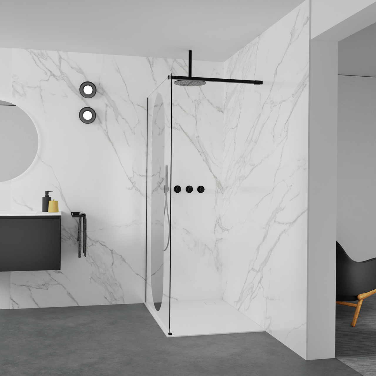 Balmani Modular douche à l'italienne: 120 x 200 cm, Miroir reflex ovale, Profil Noir mat