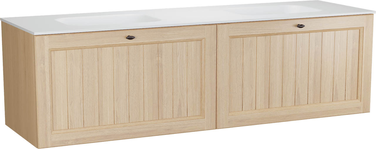 Balmani Lemon zwevend badkamermeubel 180 x 55 cm, fineer natuur eik met Tablo Arcato dubbele wastafel in mat wit