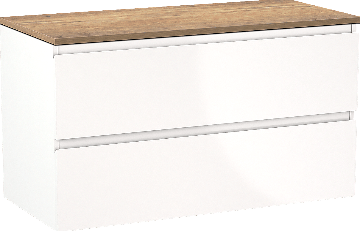 Linie Lado meuble salle de bains suspendu 100 x 46 cm blanc brillant avec Lado tablette simple ou double en mélaminé chêne naturel