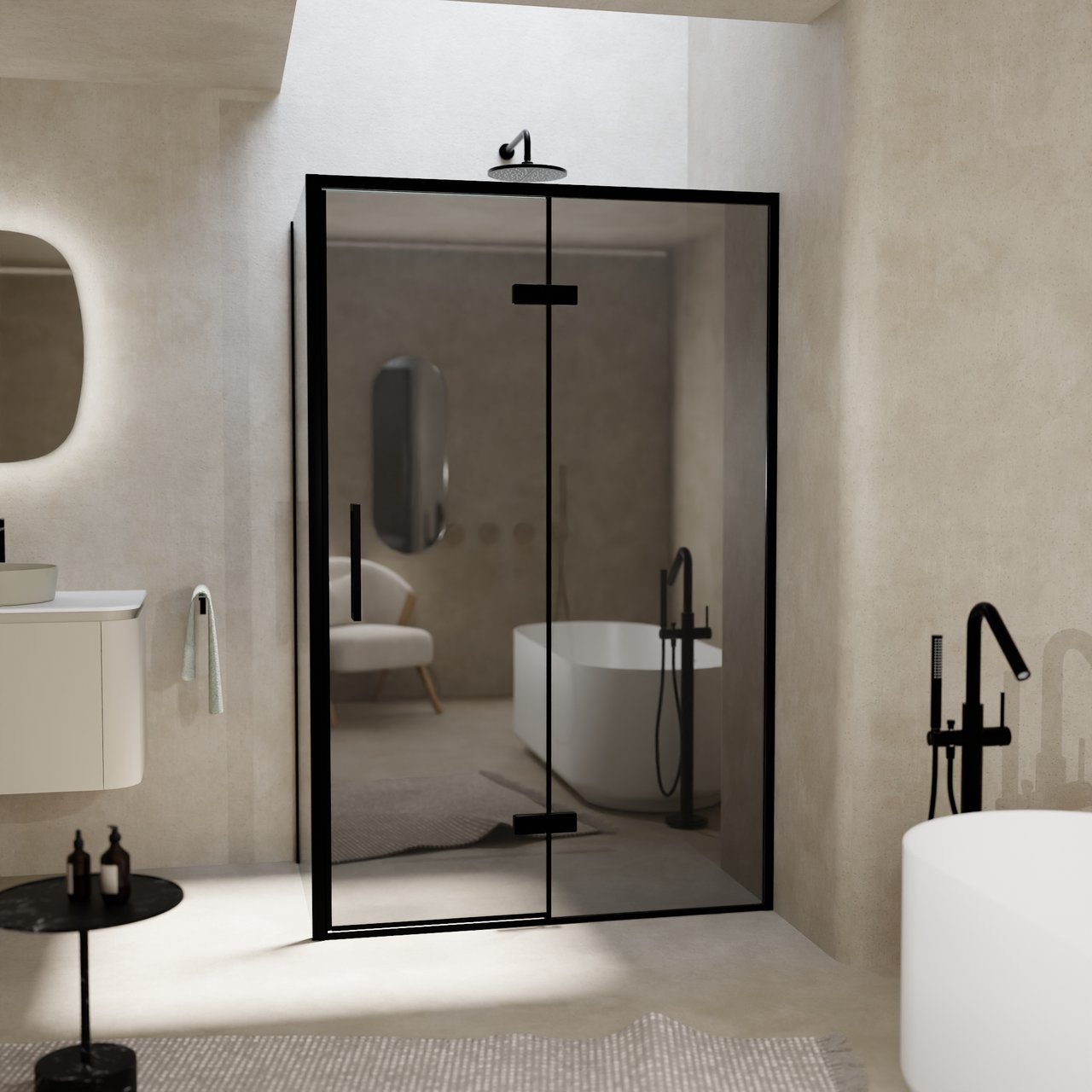 Balmani Senses Design douche en coin avec porte pivotante à droite et paroi latérale fixe, 120 x 100 cm, Miroir Reflex, Profil noir, coating inclus