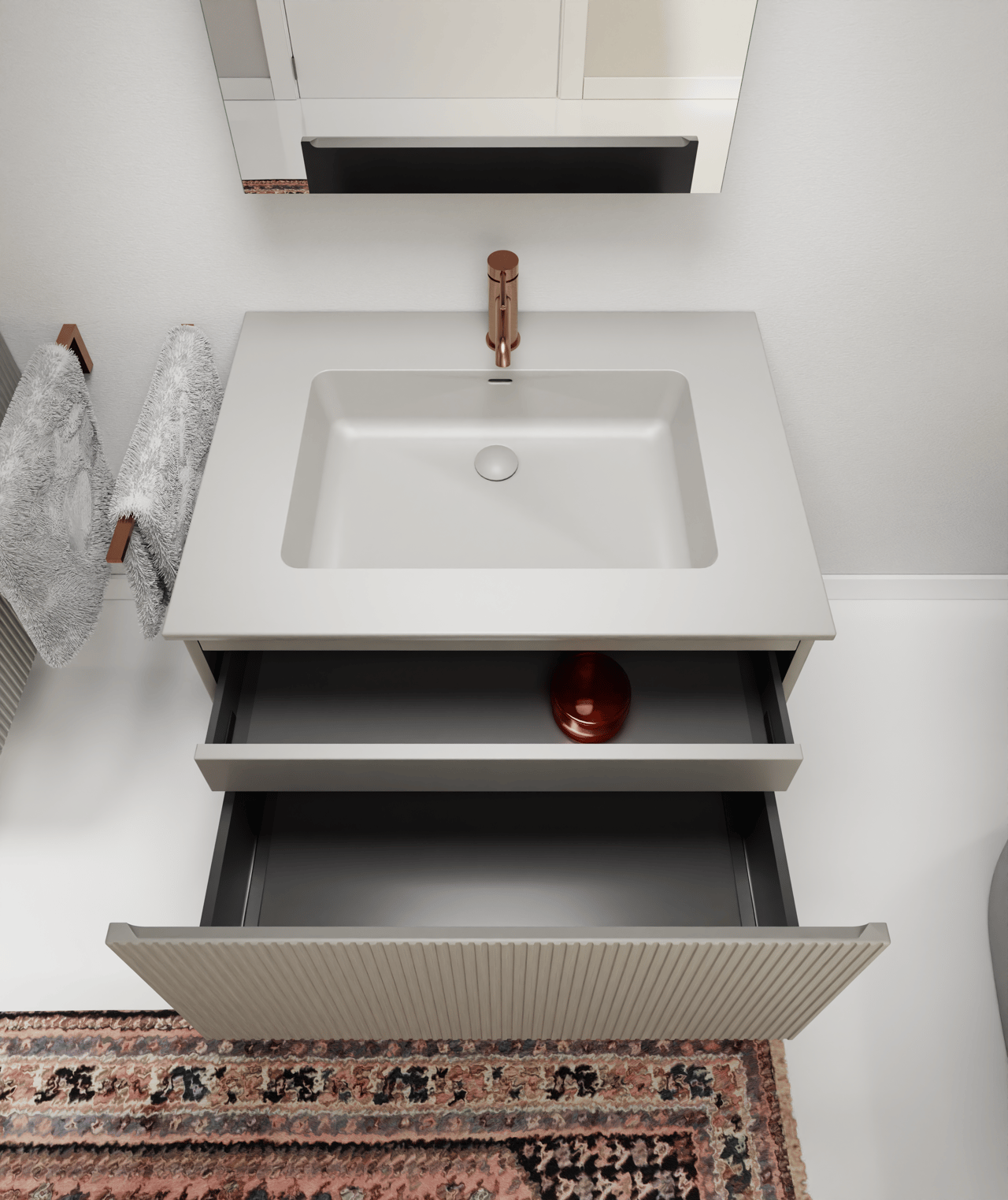 Storke Ribs meuble sous-lavabo suspendu 75 x 52 cm soie grise 2 tiroirs