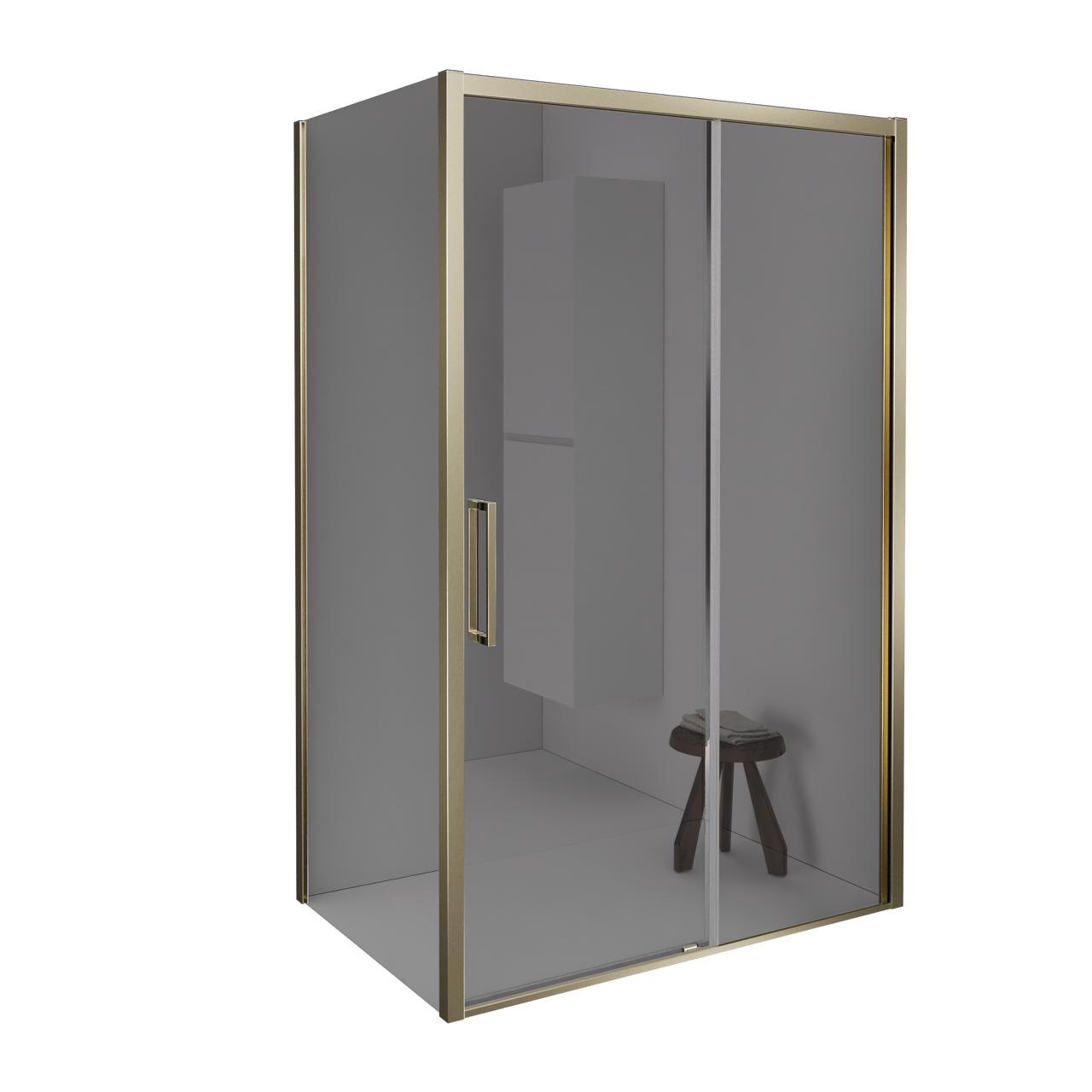 Balmani Senses Design douche en coin avec porte coulissante à droite et paroi latérale fixe, 140 x 80 cm, Miroir Reflex, Profil Brushed Champagne Gold