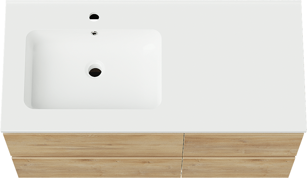 Linie Lado zwevend badmeubel 100 x 46 cm naturel eiken met Vano asymmetrisch linkse wastafel in composietmarmer hoogglans wit