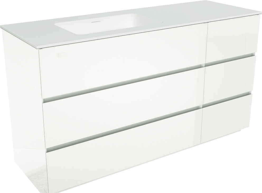 Storke Edge freistehendes Möbelstück Set: 150 x 52 cm, Weiß glänzend, mit Mata Waschtisch links, Solid Surface Weiß matt