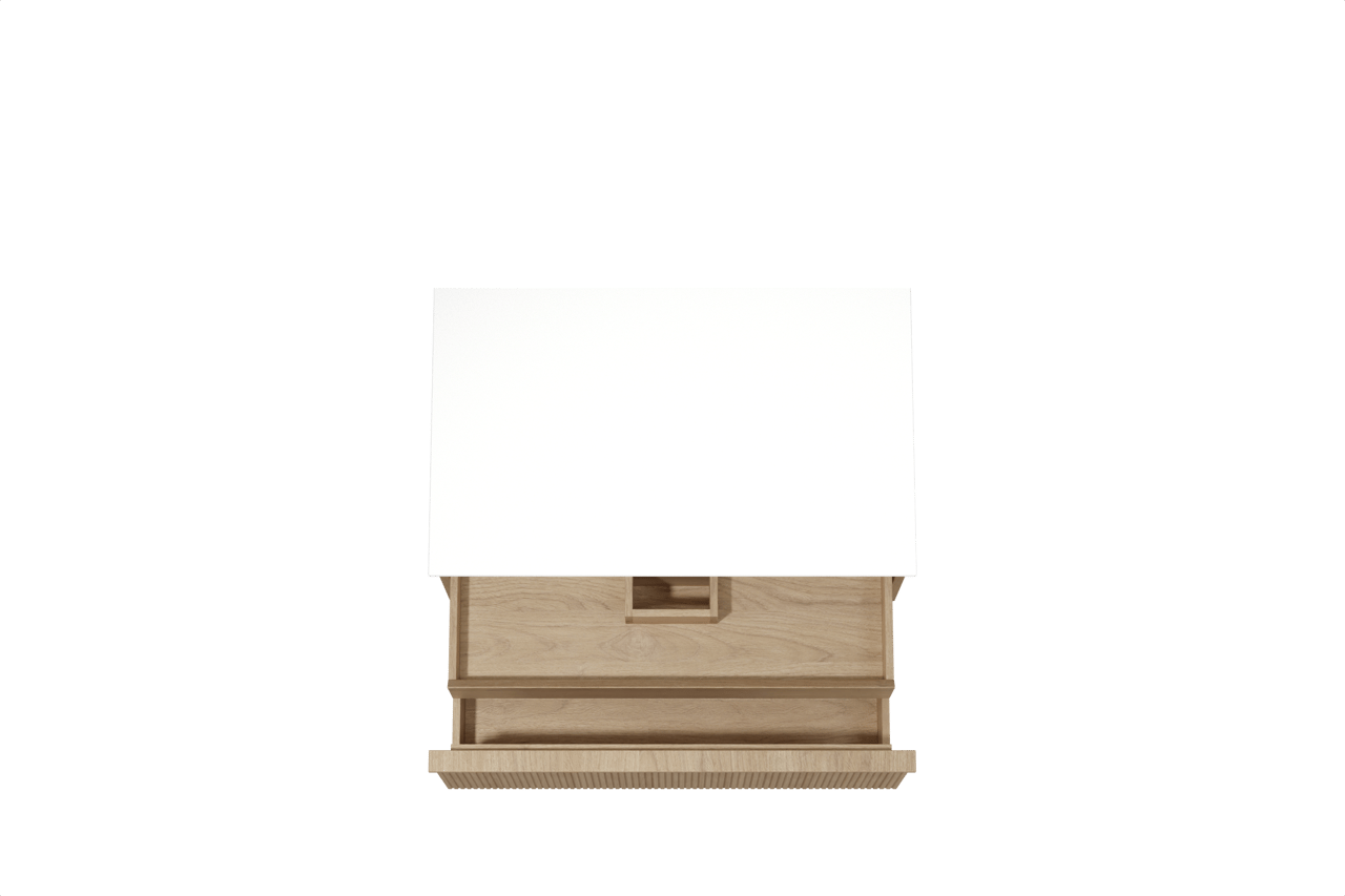 Balmani Forma hängendes Möbelstück Set: 90 x 55 cm, Naturbelassene Eiche, mit Stretto Einzel Waschtischplatte, Solid Surface, Weiß matt, Vertikale symmetrische gerade Rippe
